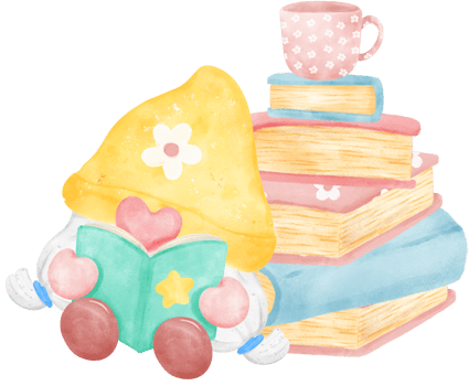 Cheerful Gnome Reading a Book in a Vibrant Watercolor cartoon character hand drawing illustration. Perfect for educational resources, fantasy-themed projects, and creating a cozy atmosphere. png