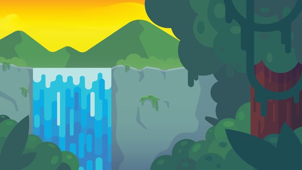 Waterfall in tropical jungle. forest scene with green leaves, exotic plants, mountains and beautiful cascade. vector illustration
