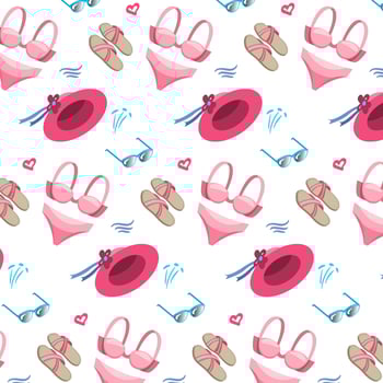Cute and colorful seamless pattern with swimwear hat sunglasses flip-flops on white background vector
