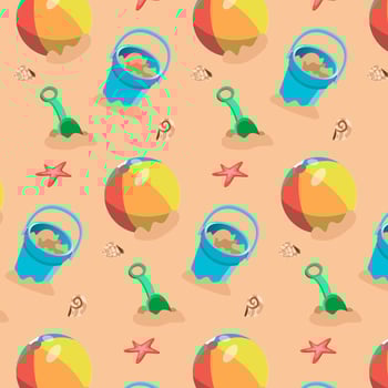 Seamless pattern with kids bucket beach ball and shovel with sand and seashell vector