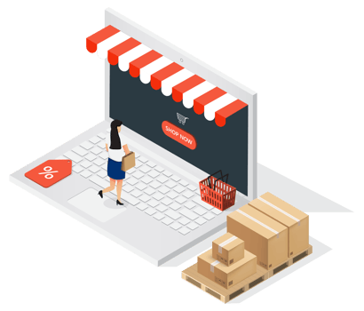 Online shopping with laptop, online store discount, paper bags parcel box png