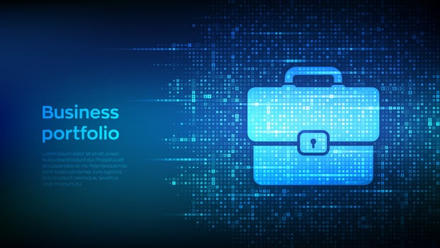 Business portfolio icon made with currency symbols. Briefcase symbol. Investment portfolio, invest strategy. Dollar, euro, yen and pound icons. Background with currency signs. Vector illustration.