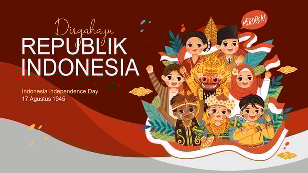 Indonesia independence day horizontal banner with set of indonesian character celebrate hut ri vector