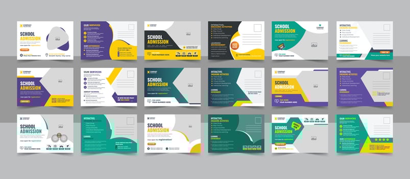 Kids back to school education admission postcard template bundle. Modern professional school admission postcard template design vector