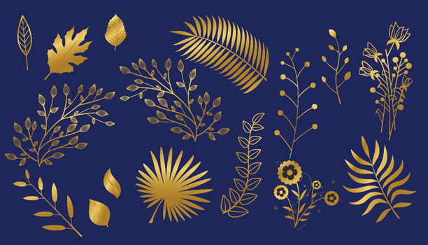 Gold branch leaf element set. Hand drawn sketch doodle golden leaves floral element for wedding background, elegant design. Vector illustration.
