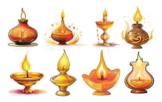 Set of happy Diwali oil lamp vector