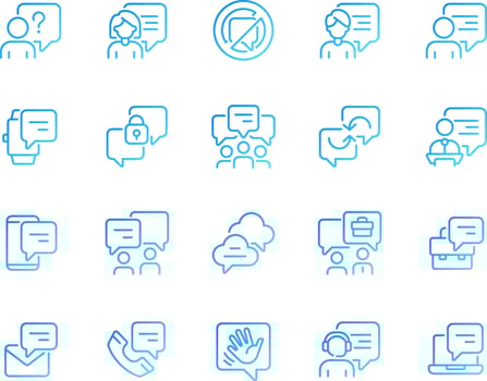 Chat bubble pixel perfect gradient linear vector icons set. Communication with speech balloons. Talk visualization. Thin line contour symbol designs bundle. Isolated outline illustrations collection