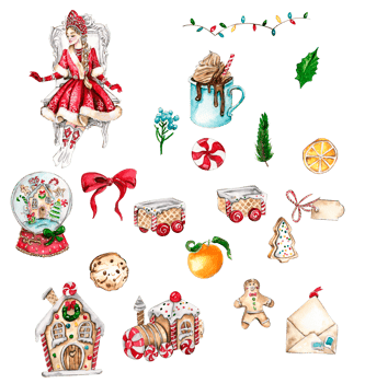 Set of elements for Christmas. Toys, branches, cake. png
