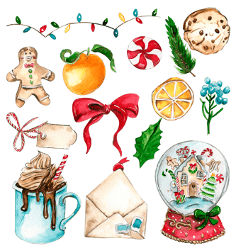 Set of elements for Christmas. Toys, branches, cake. png