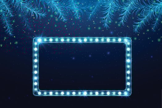 Wireframe Christmas tree branches and light billboard, low poly style. New Year banner. Abstract modern 3d vector illustration on blue background.
