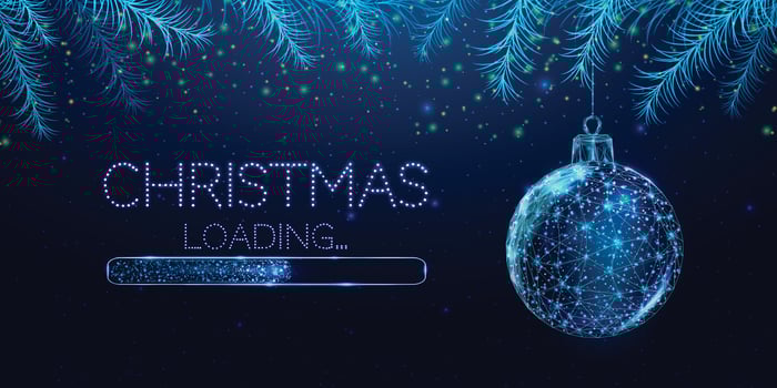 Wireframe Christmas ball and loading bar, low poly style. Merry Christmas and New Year banner. Abstract modern 3d vector illustration on blue background.