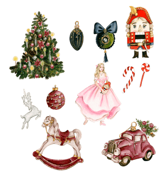 Set of elements for Christmas. Tree toys, girl, nutcracker, new year tree . png