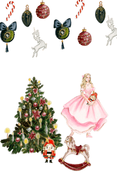 Set of elements for Christmas. Tree toys, girl, nutcracker, new year tree . png
