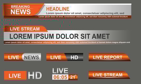 Broadcast News Lower Thirds Template layout orange grey set collection design banner for bar Headline news title, sport game in Television, Video and Media Channel vector