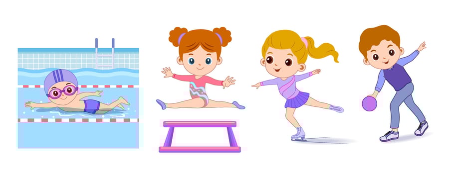 Happy children playing sport game, doing physical exercise. Training set. Active healthy childhood. Flat vector cartoon illustration isolated on white background