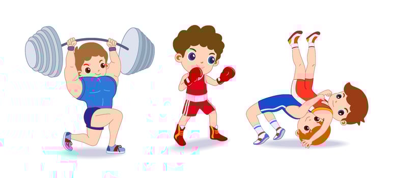 Happy children playing sport game, doing physical exercise. Training set. Active healthy childhood. Flat vector cartoon illustration isolated on white background