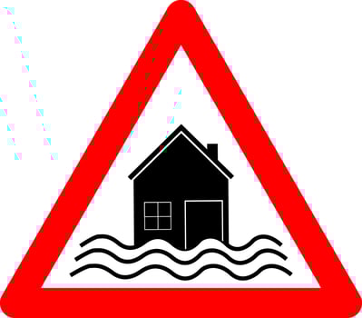 Flood sign. Flood risk warning sign. Red triangle sign with a silhouette of a flooded house inside. Flooding caution. Extreme weather conditions. Natural disaster, storm, tsunami. Road sign. vector