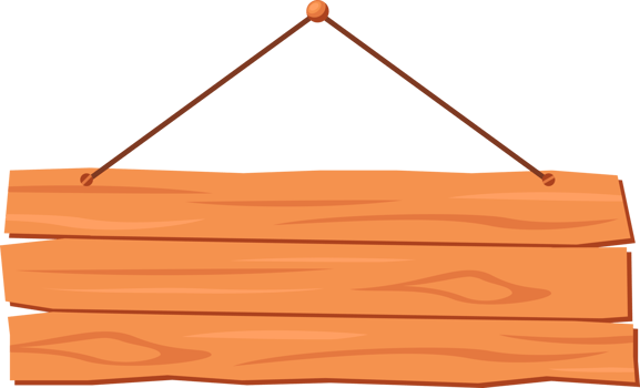 Hanging wood board sign, rustic cartoon signpost or billboard, notice and information theme png