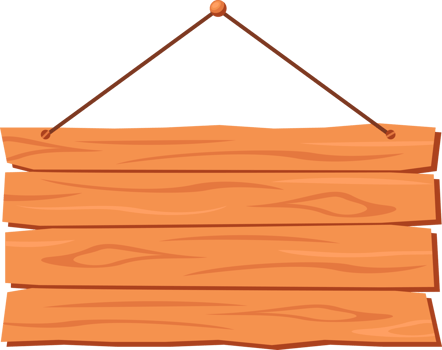 Hanging wood board sign, rustic cartoon signpost or billboard, notice and information theme png
