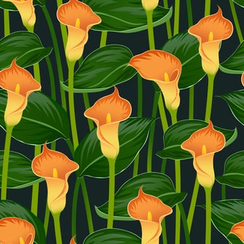 DARK EMERALD VECTOR SEAMLESS BACKGROUND WITH BLOOMING ORANGE CALLA LILIES