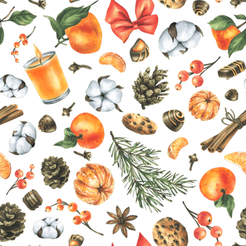 Orange whole and peeled tangerines with candles, pine branch and cone, cotton, spice leaves, cookies and chocolates. Watercolor illustration, hand drawn. Seamless pattern png