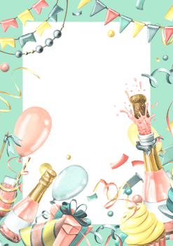 Vertical birthday card with pink champagne, balloons, gifts, confetti, flags, cake. Watercolor illustration, hand drawn. Frame template for text png