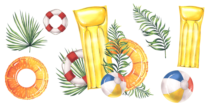 Beach inflatable toys, mattress, circle and ball with tropical palm branches. Beach, summer watercolor illustration, hand drawn. A set isolated composition with elements png