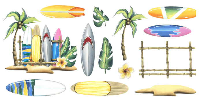 A tropical island with a coconut palm, frangipani, leaves and surfboards on a stand. Watercolor illustration hand drawn. Set isolated elements png