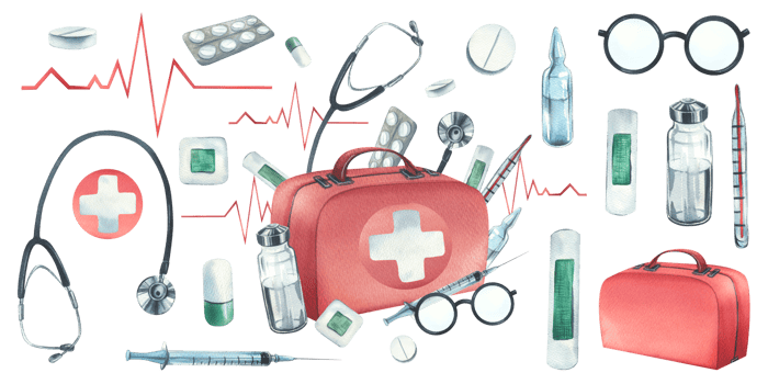 Red medical case, first aid kit with stethoscope, injections, plaster, pills and glasses. Watercolor illustration, hand drawn. Composition with elements isolated png