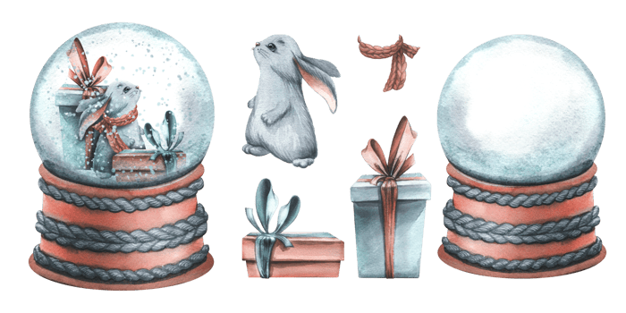 Snow globe with gift boxes and a cute bunny. Watercolor illustration, hand drawn. A winter set isolated objects png