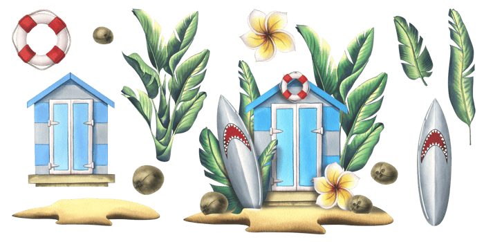 A wooden beach house, a cabin on a tropical island with palm trees, a surfboard with coconuts. Watercolor illustration hand drawn. Set isolated elements png