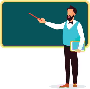 teacher pointing at blackboard flat style stock vector illustration, Male Teacher infront of a blank blackboard  flat style stock vector image