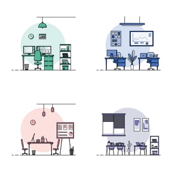 Collection of working table flat design, Concept of working desk interior with furniture. Work room and computer, desktop, table, chair, book, and stationary equipment. Work table cartoon illustration vector