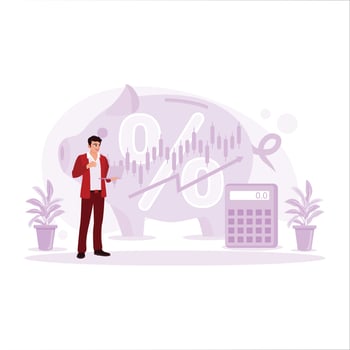 Male businessman, calculating stock market investment profit, earnings and growth. Trend Modern vector flat illustration.