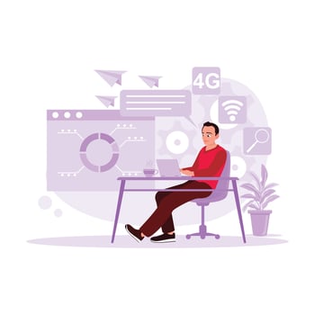 Freelancer busy working on laptop, sending data via 4G internet. Trend Modern vector flat illustration.