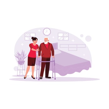 Portrait of an elderly patient assisted by a nurse to walk and use a walker. Trend Modern vector flat illustration.