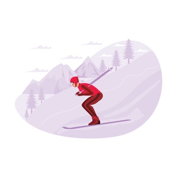 Young skier doing great in a competition in the Alps. Trend Modern vector flat illustration.