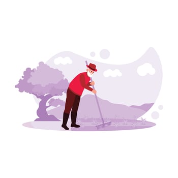 An adult male farmer wearing a hat is focused on working in the fields using a comb harrow. Trend Modern vector flat illustration.