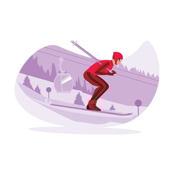 Young ski athletes train seriously in the Alps snow for a ski competition. Trend Modern vector flat illustration.