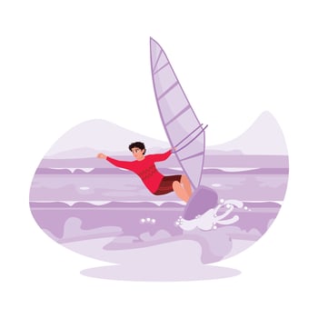 Young male surfer in action on the surf, conquering the waves in the ocean with strong winds. Trend Modern vector flat illustration.