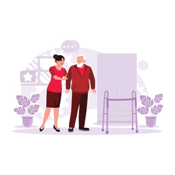 Portrait of an old grandfather being helped to walk by a young nurse. Trend Modern vector flat illustration.