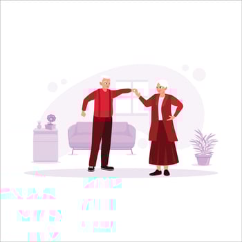 The lovely elderly couple, dancing and having fun in a room filled with chairs, tables, and flowers. Trend Modern vector flat illustration.