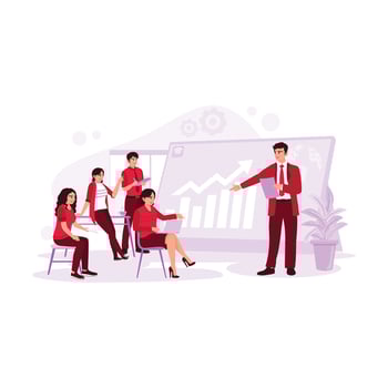 Young manager presenting a project to team employees in a work meeting. Directing and motivating the graph to continue to improve. Trend Modern vector flat illustration.