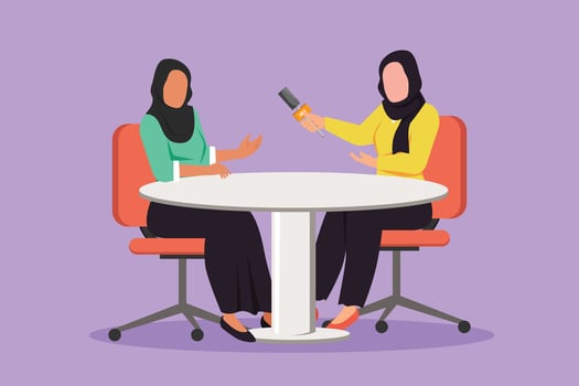 Cartoon flat style drawing talk show program at studio with interviewing, discussing host. People recording tv program, Arab woman journalist questioning guest star. Graphic design vector illustration