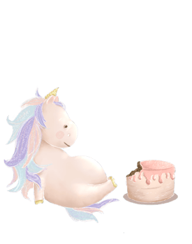 Fairytale magical unicorns birthday with cake, postcard with unicorn png