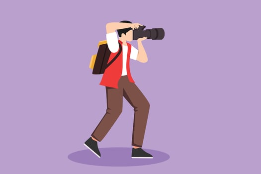 Graphic flat design drawing stylized photographer aiming target photo, People holding camera, taking photo. Professional photographer taking pictures with style pose. Cartoon style vector illustration