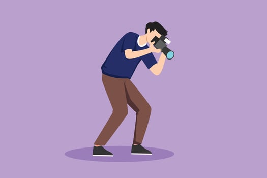 Character flat drawing of stylize professional male photographer with camera taking photo with look down pose. Young man photographer character with camera digital. Cartoon design vector illustration