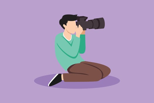 Character flat drawing male photographer sits and holding dslr camera taking photographs. Professional photographer taking pictures, images. Creative profession job. Cartoon design vector illustration