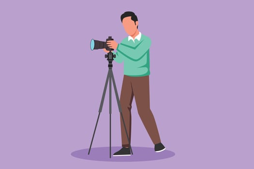 Cartoon flat style drawing of young male photographer taking photos using professional equipment set, Active man with camera making pictures. Studio photo equipment. Graphic design vector illustration