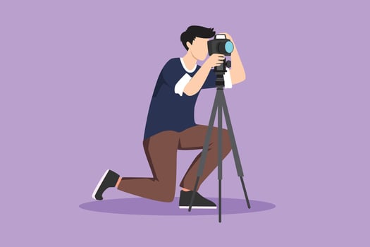 Cartoon flat style drawing professional photographer man kneeling for taking pictures with digital camera and tripod. Digital photography hobby logo, icon, symbol. Graphic design vector illustration